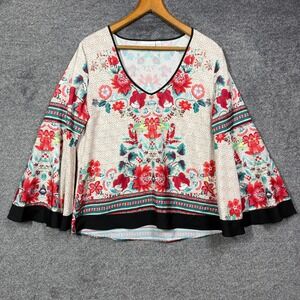Floral V-Neck Bell Sleeve Top - Cream with Red Floral